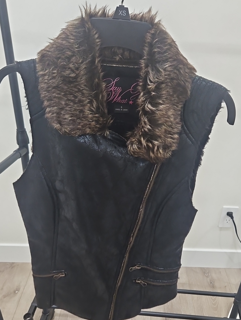 Say What? Black Faux-Leather Vest with Brown Faux Fur Collar